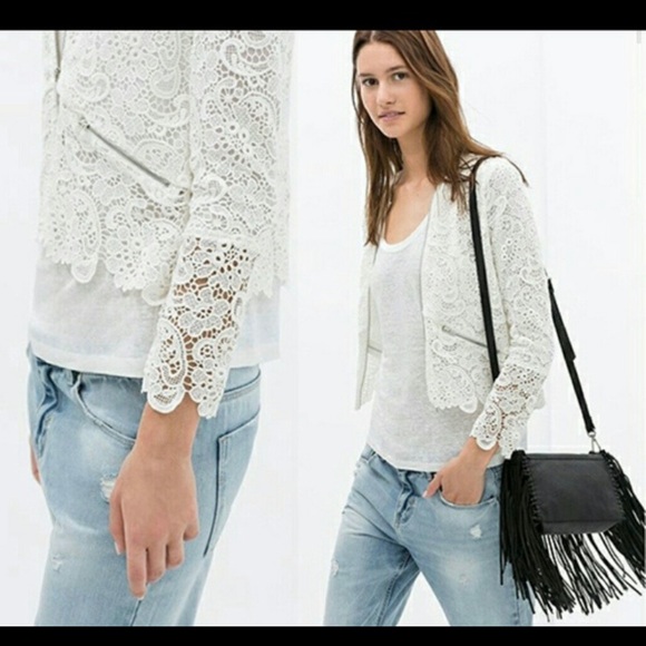 Zara Trafaluc White Crochet Lace Jacker Medium